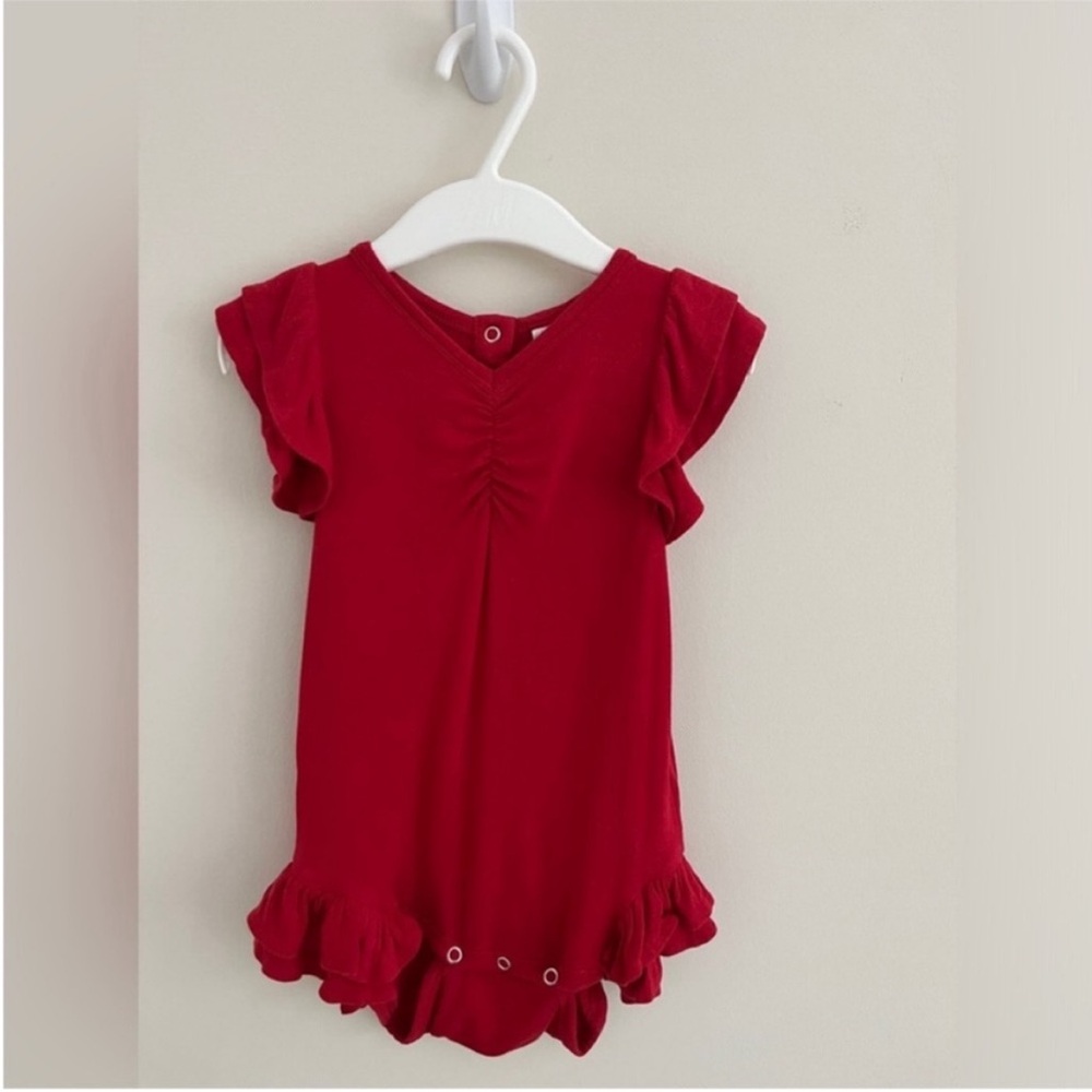 Kate Quinn, bamboo, sleeveless V-neck ruched double ruffle leg bodysuit, red